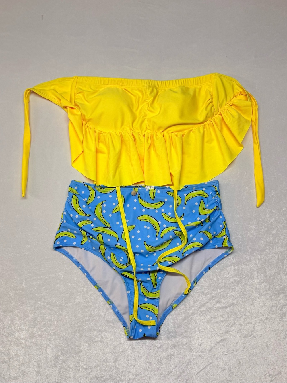 Bright Yellow Ruffle Bikini Top with Blue Banana-Print High-Waist Bottom